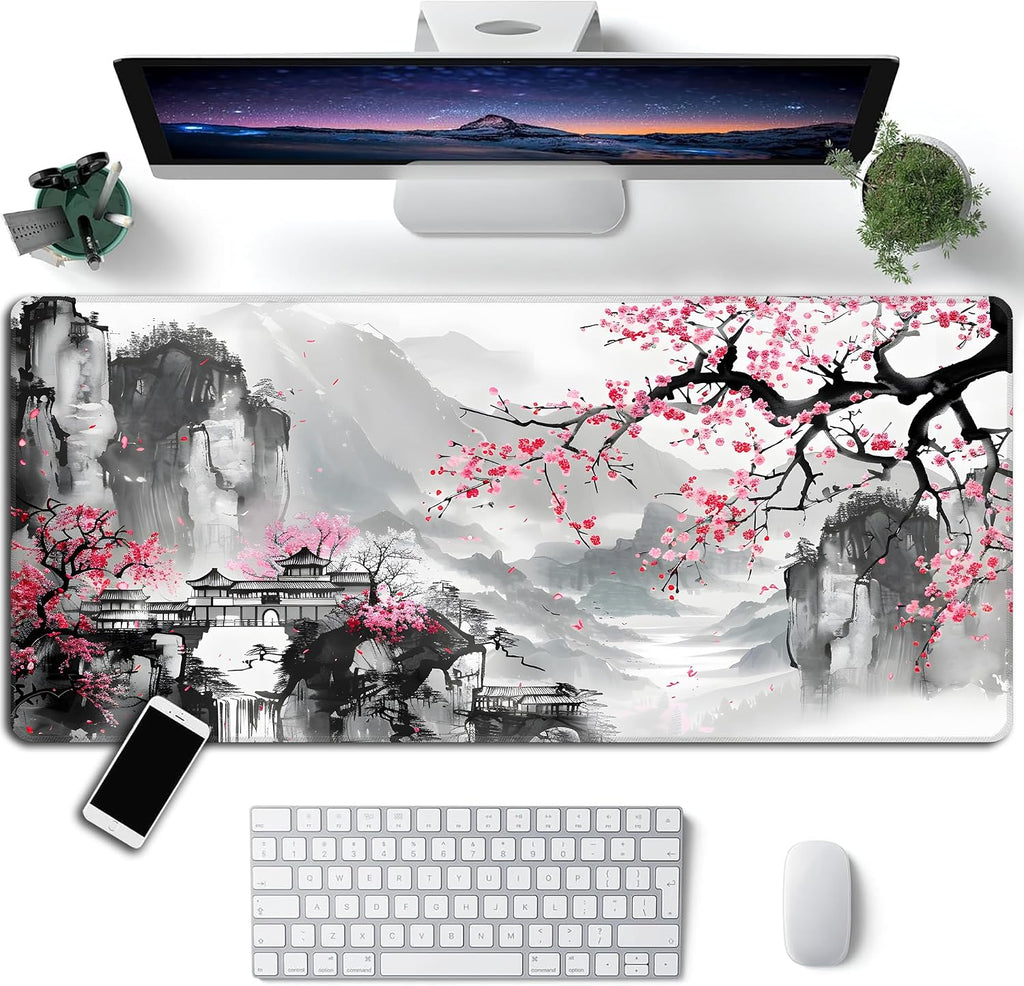 Japanese Cherry Blossom Mouse Pad,XXL 35.4"x15.7" Big Gaming Mousepad,Sakura Large Extended Mouse Mat,Non-Slip Rubber Base Waterproof with Stitched Edges for Gaming Office Home - Image 2