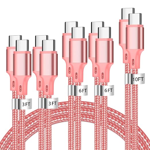 USB C to USB C Cable, 5 Pack Type C Fast Charger Cord (Pink) | 3/3/6/6/10ft Nylon Braided Data Transfer Wire for iPhone 17/16/15 Plus/Pro Max iPad Air Ps5 Controller Samsung Galaxy by CUGUNU