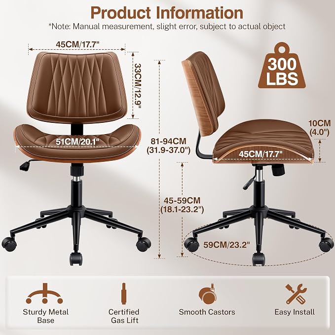 Ergonomic Armless Office Desk Chair - Mid-Century Modern Brown Faux Leather with Diamond Stitch, Adjustable Height Swivel Rolling Task Computer Chair with Walnut Accent for Home Office, Study & Work - Image 2