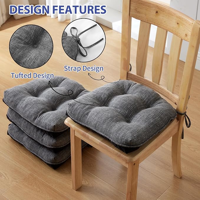 IPYNBAP Chair Cushions for Dining Chairs Set of 4, Kitchen Chair Cushions, Chair Pads with Ties and Non Slip Backing, Tufted Memory Foam Seat Cushion 4 Pack, 18" x 18" x 4", Dark Gray - Image 4