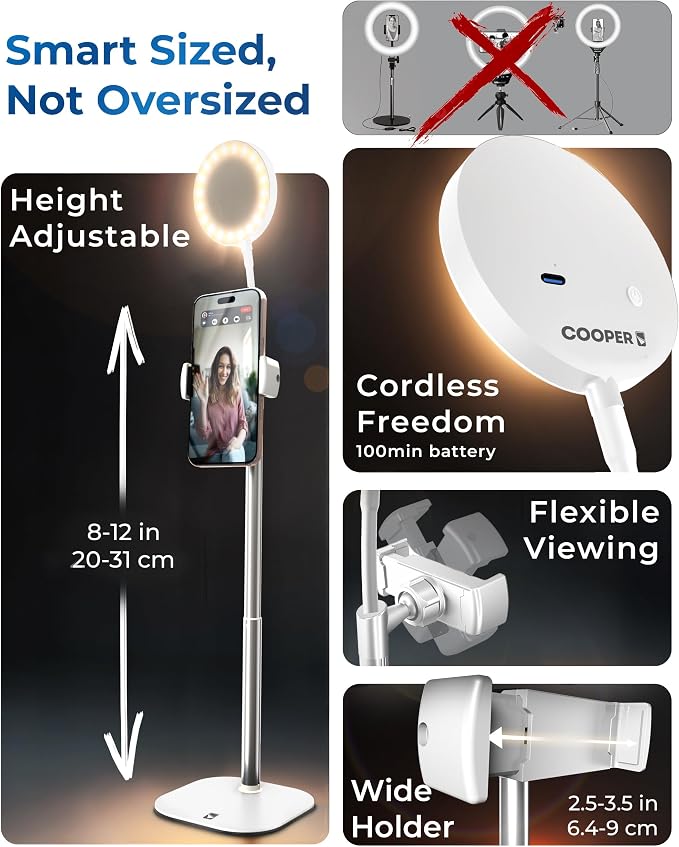 COOPER ChatStand Halo Sturdy Phone Stand for Recording with Light for Desk | 9-13" Adjustable, Weighted Base, iPhone Stand & Phone Holder, Ring Light Tripod for Video Recording, Filming, Fits all Phones - Image 4