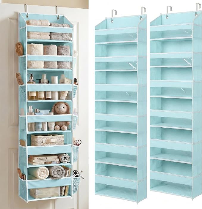 HOMELUX THEORY Over the Door Organizer, 6-Tier, 100D Fabric, Baby Blue 2pc | Over the door shoe organizer, 50 lbs capacity, 12 side mesh pockets, 100D extra thick fabric, Closet & entryway storage by HomeluxTheory