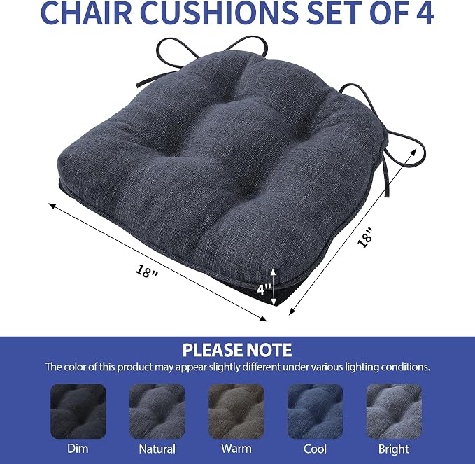 IPYNBAP Chair Cushions for Dining Chairs Set of 4, Kitchen Chair Cushions, Chair Pads with Ties and Non Slip Backing, Tufted Memory Foam Seat Cushion 4 Pack, 18" x 18" x 4", Navy Blue - Image 2