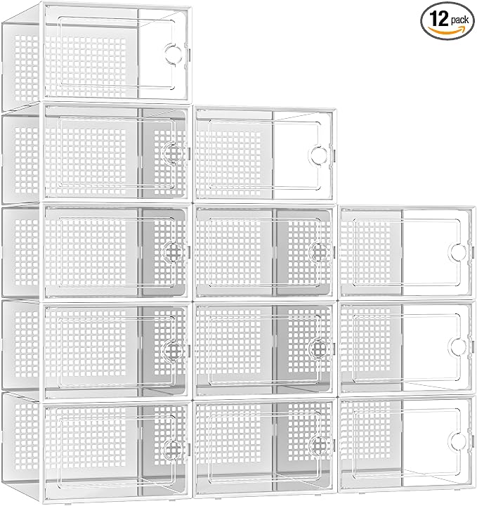 Kuject X-Large Shoe Storage Boxes 12 Pack, Clear Stackable Shoe Organizer | Shoe Case for Closet, Entryway & Under-Bed Storage, Drop-Front Design, Space-Saving Solution for Family Organization,White by Kuject