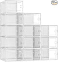 Kuject X-Large Shoe Storage Boxes 12 Pack, Clear Stackable Shoe Organizer | Shoe Case for Closet, Entryway & Under-Bed Storage, Drop-Front Design, Space-Saving Solution for Family Organization,White by Kuject