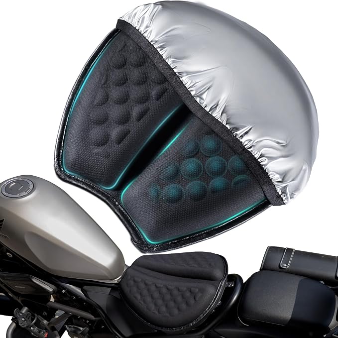 Foldable Motorcycle Gel Seat Cushion with Sunshade Cover | 3D Dome-Shaped Shock-Absorbing Seat Pad for Long Rides, Pressure Relief, Airflow & Cooling Comfort by DOUANDA