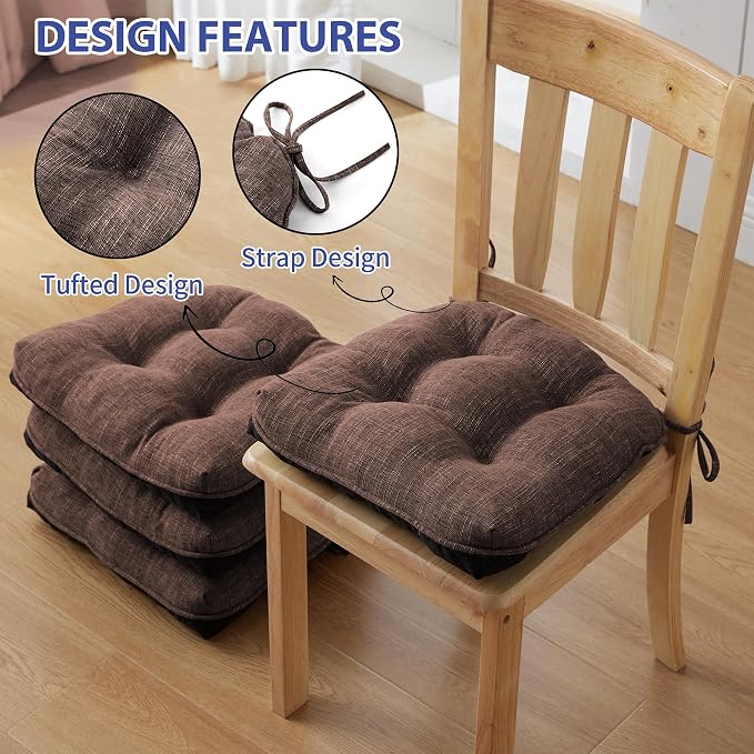 IPYNBAP Chair Cushions for Dining Chairs Set of 4, Kitchen Chair Cushions, Chair Pads with Ties and Non Slip Backing, Tufted Memory Foam Seat Cushion 4 Pack, 15.5" x 15.5" x 4", Brown - Image 4