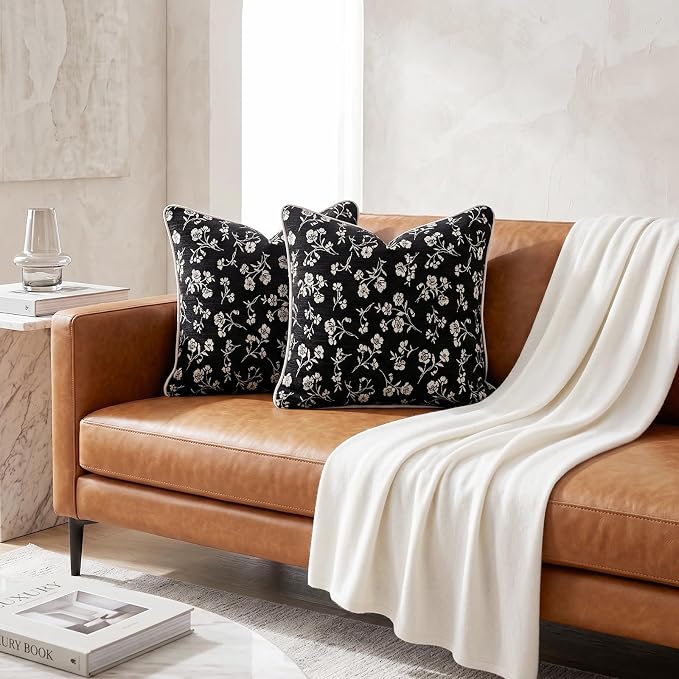 20x20 Chenille Jacquard Throw Pillow Cover, Black Vintage Floral Cushion Case with Piped Edges, Decorative Large Accent for Sofa, Bed & Couch, 2 Pack - Image 2