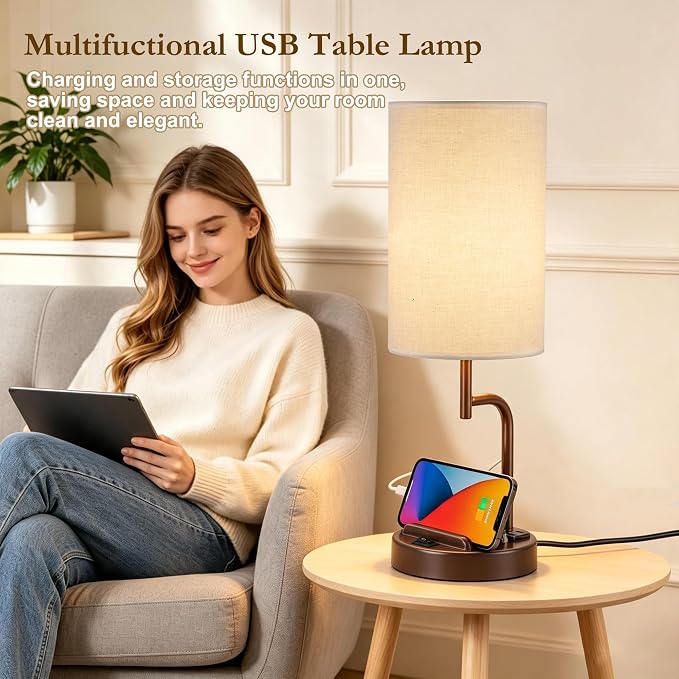 Dreamholder 2 Pack Table Lamp, Bedside Lamp with 3 USB Charging Ports & AC Outlet, USB Desk Lamp with 2 Phone Holders, Linen Fabric Shade Nightstand Lamps for Bedroom Living Room Office, Coffee Brown - Image 6