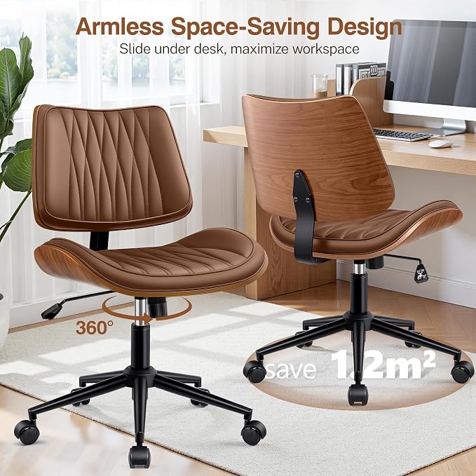 Ergonomic Armless Office Desk Chair - Mid-Century Modern Brown Faux Leather with Diamond Stitch, Adjustable Height Swivel Rolling Task Computer Chair with Walnut Accent for Home Office, Study & Work - Image 4