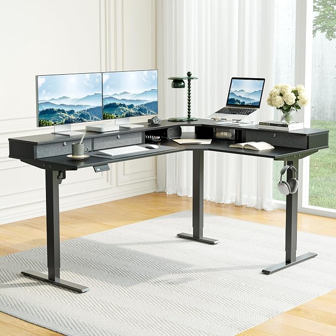 CubiCubi 63x48 Inches L Shaped Standing Desk with 3 Drawers and Monitor Shelf, Height Adjustable Corner Computer Desk with Hooks, Sit Stand Up Ergonomic Home Office Workstation Table, Black - Image 2