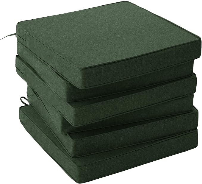 Outdoor Chair Cushions, Set of 6, 19 x 19 Inch, Olive Green | Water Resistant, Fade Resistant, Patio Furniture Square Seat Replacement, Removable Cover with Ties, Non-Slip Bottom by Unknown