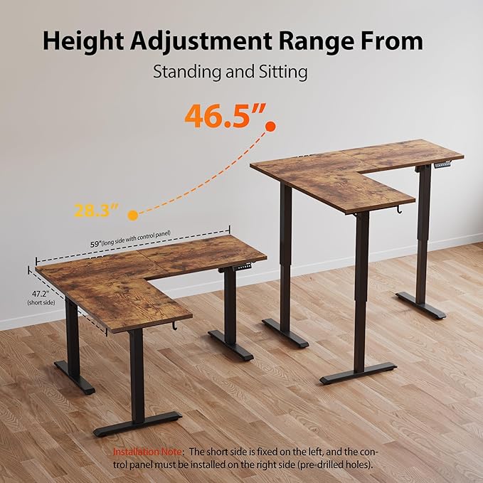 Agilestic L Shaped Standing Desk Adjustable Height, 59 Inch, Rustic Brown | Electric Height Adjustable, Spacious Corner Desktop, Sturdy Steel Frame, Memory Presets, 176 lbs, Splice Board - Image 6