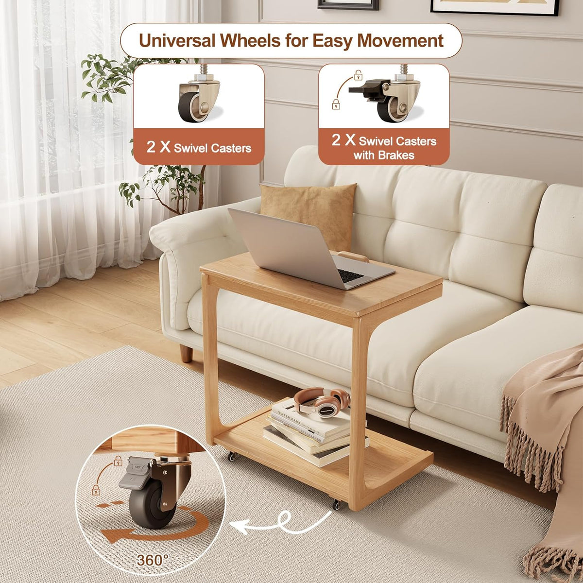 AQIMUELE Wooden C-Shaped End Table,Couch Table with Adjustable Desktop,Small Rolling Side Table with 2 Lockable Wheels 23.6" Width,Small End Table for Couch, Living Room,Bedroom (Natural) - Image 4