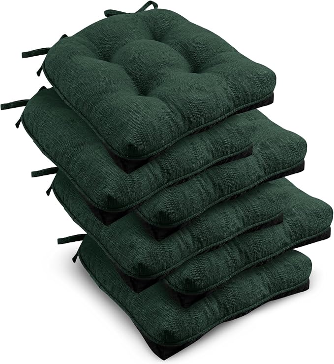 downluxe Indoor Chair Cushions for Dining Chairs, Tufted Overstuffed Textured Kitchen Chair Pads with Ties and Non-Slip Backing, 15.5" x 15.5" x 4", Dark Green, 6 Pack by Downluxe