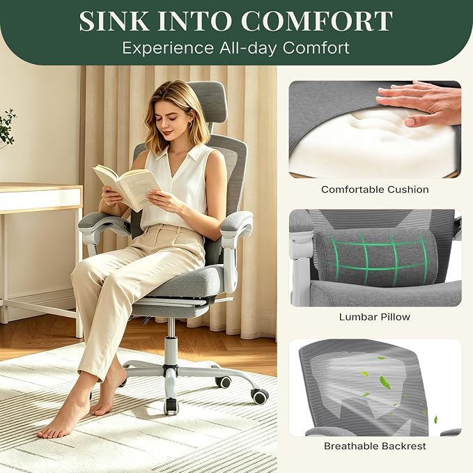 Ergonomic Office Chair with Footrest, Computer Gaming Chair | Adjustable Headrest, Lumbar Support, Swivel Reclining, Padded Armrest, Mesh High Back, Home Desk Work Study, Grey - Image 7