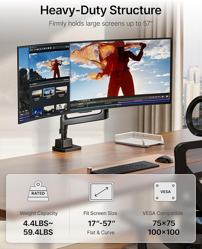monTEK Ultrawide Monitor Arm Max 57",Height Adjustable 8.1"-25.5",Black | Fits 17–57" Curved Monitors, Up to 59.4 lbs,Heavy Duty 75/100 VESA Monitor Stand,No Sag,Gaming & Office Workstation - Image 2