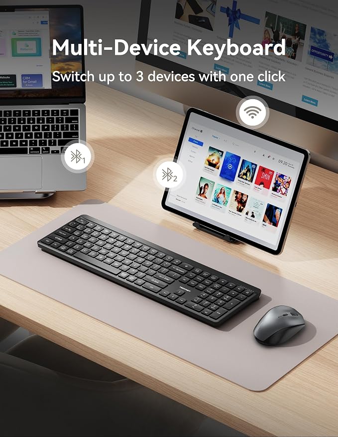 TECKNET Bluetooth Keyboard Rechargeable, 2.4G Wireless Keyboard Full Size | Quiet Typing, Ergonomic Cordless Silent Computer Keyboard, Spill-Resistant,, Stable Connection for PC/Laptop/Computer - Image 4