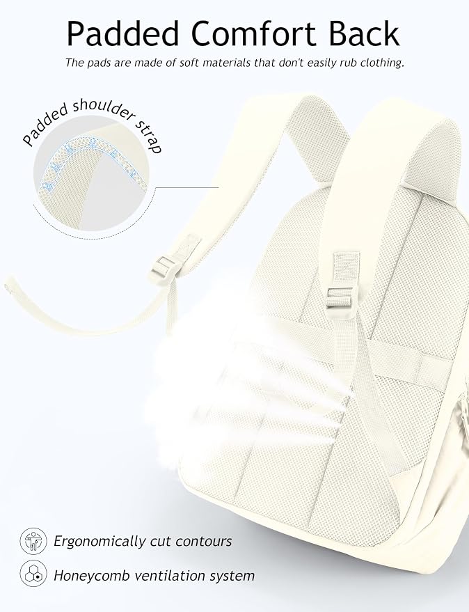 Uselike Travel Backpack for Women, 15.6 Inch Laptop Backpack, Quilted College Bookbag, Cute Work Backpacks, Water Resistant (Beige) - Image 5