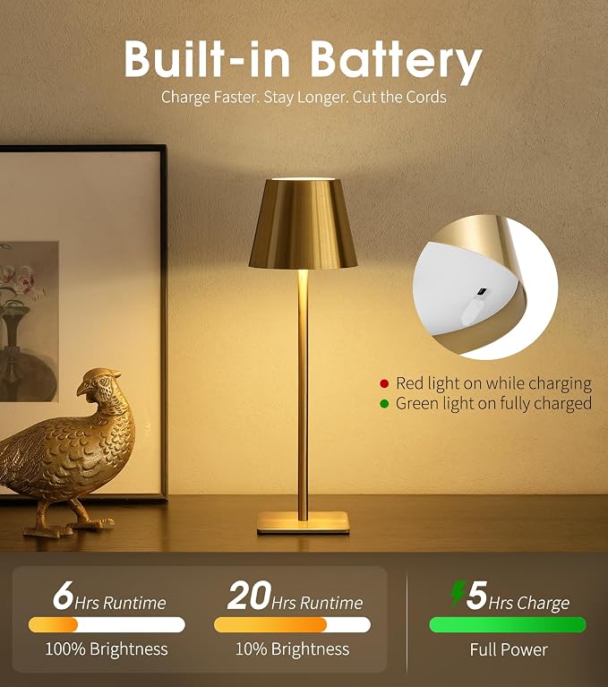 UME 6 Pack Cordless Table Lamp, Battery Operated Lamp - Portable Waterproof Rechargeable Table Lamp w/ 3 Color Temps & Stepless Dimming for Dinner, Desk, Cafe, Outdoor (Brushed Gold) - Image 5