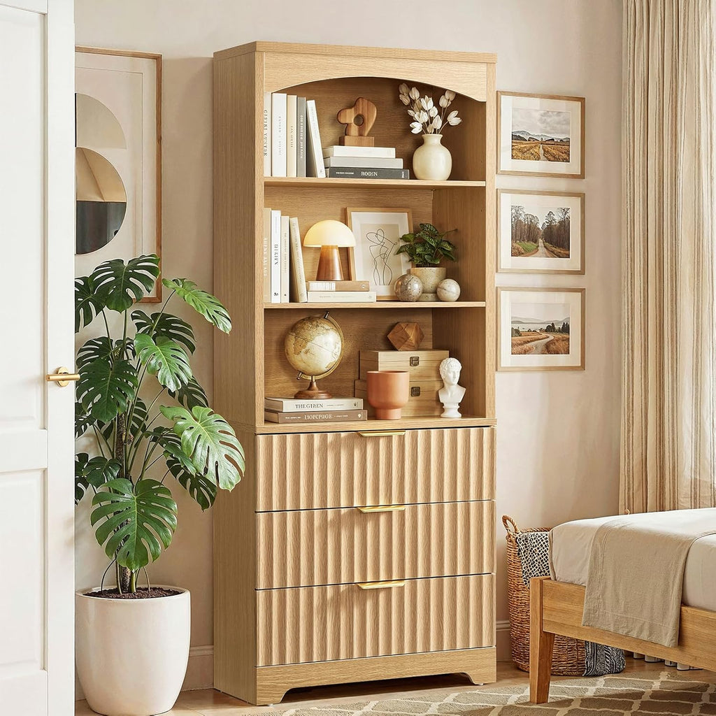63.3" Tall Bookshelf, Bookshelves and Bookcases with Drawers, Arched Design Bookcase with Storage Cabinet, Natural Wood Grain Wave Pattern Storage Shelves for Living Room, Bedroom,Office by TEENFON