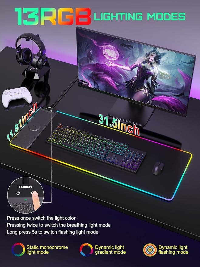 TopMade Mouse Pad with Wireless Charging, 31.5" x 11.81" Large Desk Mat RGB Gaming Mousepad, LED Desk Pad Keyboard Pad with Ultra-Smooth Surface & Non-Slip Rubber Base, Waterproof Desk Pad - Image 4