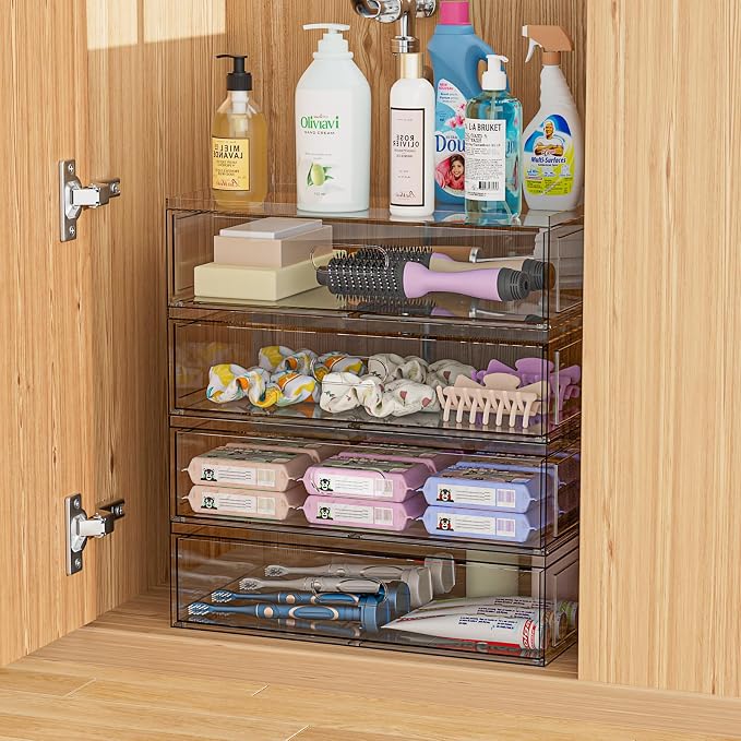Clear Stackable Makeup Organizer with Drawer, 12''W Acrylic Storage Drawers | Cosmetic Display Case for Vanity Bathroom Countertop Drawers, Beauty Holder for Lipstick Brush Skincare Perfume - Image 5