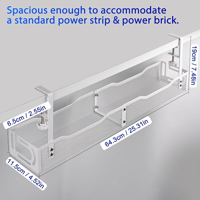 Under Desk Cable Management Box 25.3 Inch – Clamp-Mounted Cable Organizer Tray, Large Cord Management Box for Office & Home, Wire Organizer Under Desk Storage, White - Image 4