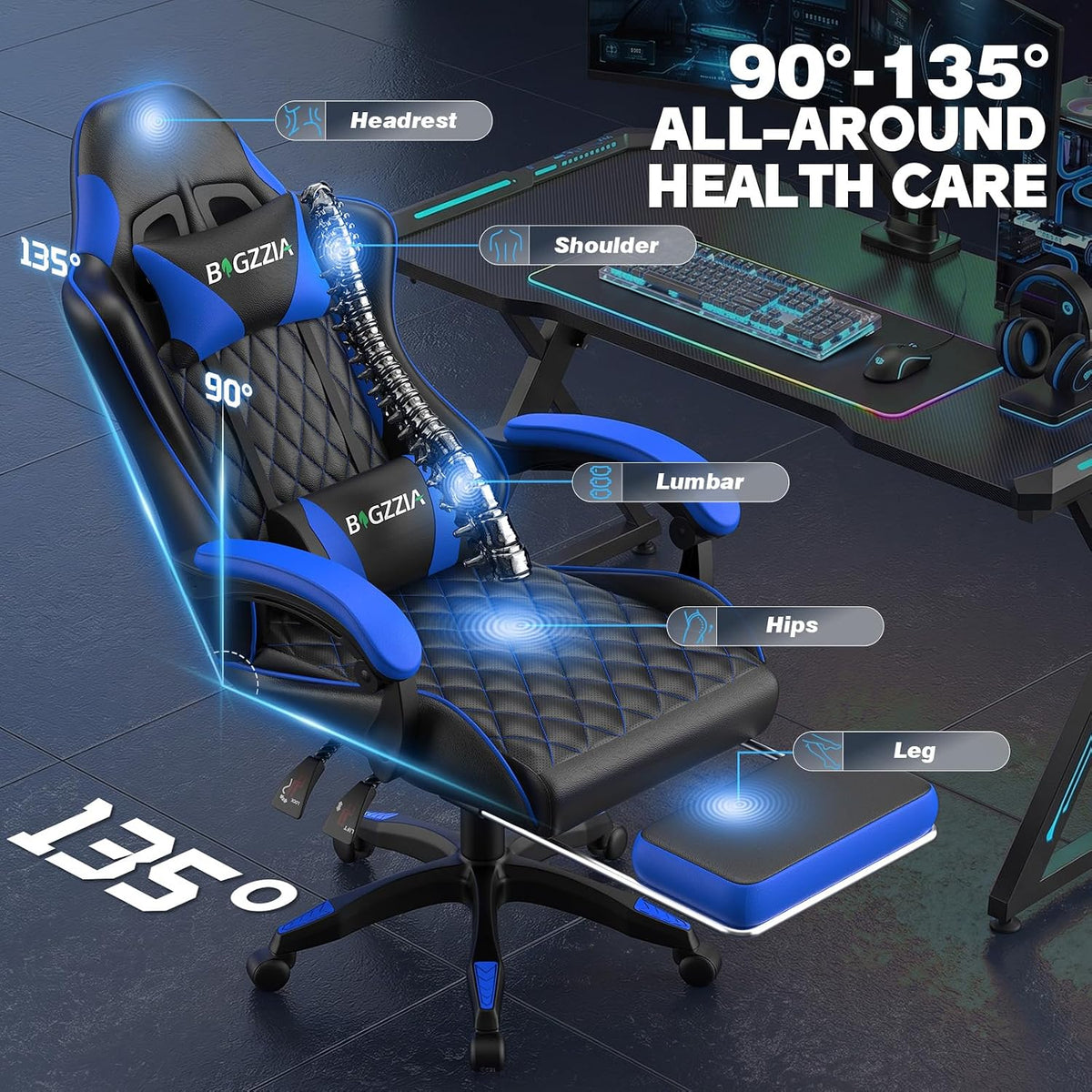 Bigzzia Gaming Chair with Footrest, Comfortable Gamer Chairs Blue - Image 6