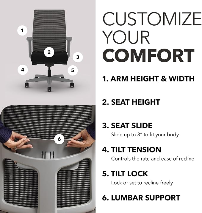 HON Ignition 2.0 Ergonomic Office Chair, Lumbar Support, Desk Chair, Black | Ergonomic office desk chair with lumbar support, adjustable arms, office decor, workstation comfort for focused productivity - Image 3