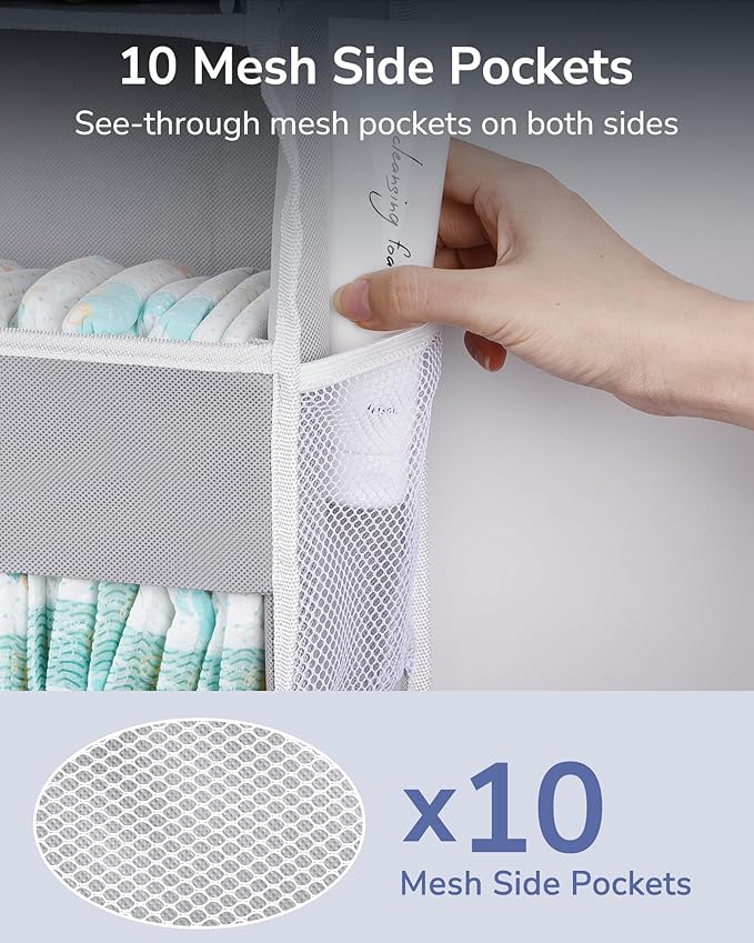 ULG 1 Pack Over Door Organizer with 5 Large Pockets 10 Mesh Side Pockets, 44 lbs Weight Capacity Hanging Storage Organizer with Clear Window for Kids Toys, Shoes, Diapers, Grey, 5 Layer - Image 3