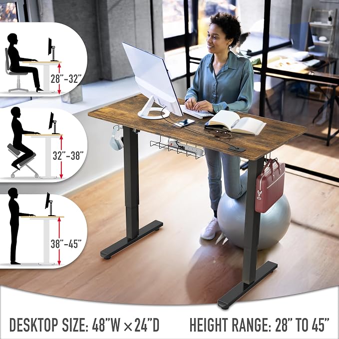 SHW 48-Inch Electric Height Adjustable Standing Desk w/Drawer, Rustic Brown | w/ Memory Presets and Cable Management | Drawer with adjustable compartments | Hanging Hooks - Image 6