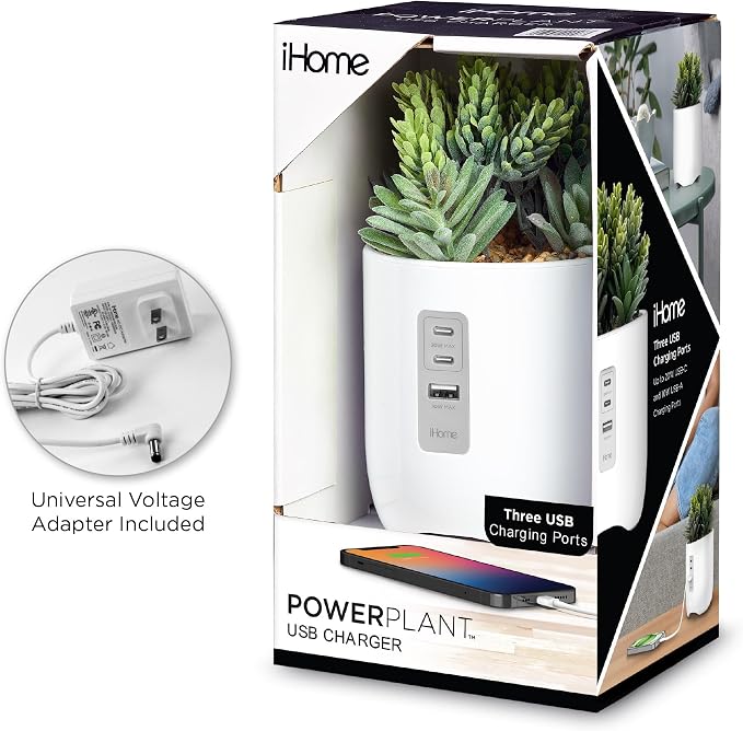 iHome PowerPlant Charging Station, Faux Succulent with USB Charging Station for iPhone, Android, and More – White (iPP45) - Image 6