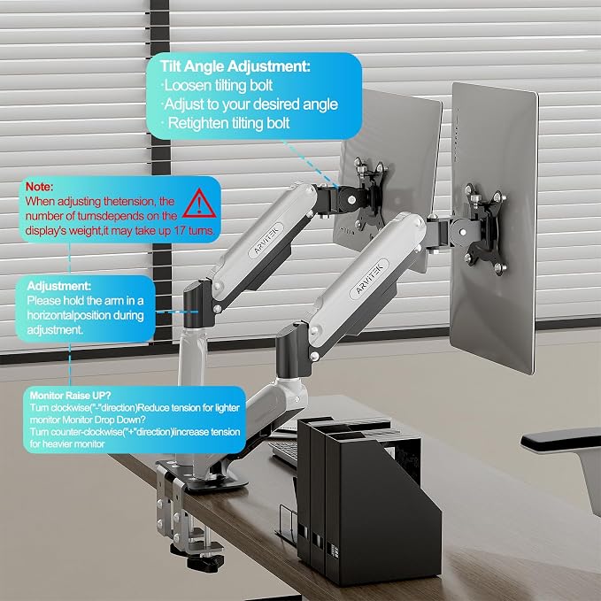 Dual Monitor Arm for 13-32" Screens | Regular Screen up to 32 inch, 20lbs, VESA 75x75mm or 100x100mm, Easy Mount in 2 Way, Desk Mount - Image 5