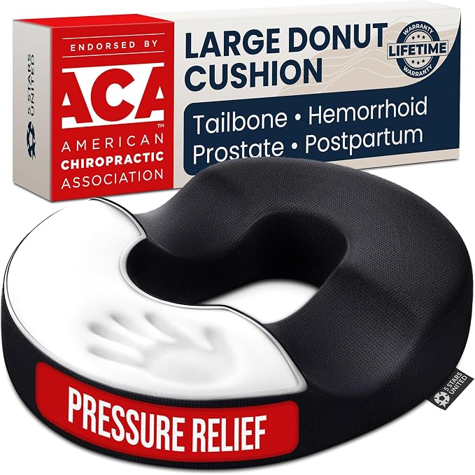 5 STARS UNITED Donut Pillow for Tailbone Pain & Hemorrhoids – Large Memory Foam Seat Cushion for Bed Sore-Prone Areas & Pressure Relief – Prostate, Postpartum & Pregnancy Support, Black Mesh Cover by 5STARSUNITED