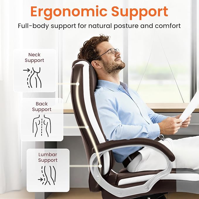 NEO CHAIR Office Desk Chair PU Leather Chair with Lumbar Support, Brown | Ergonomic High Back Executive Computer Chair, Comfortable Padded Fixed Armrests Swivel Chair with Wheels for Office/Home - Image 5