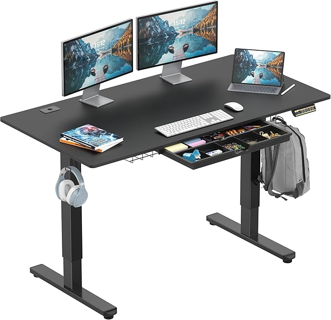 SHW 55 x 28 Electric Height Adjustable Standing Desk w/Drawer, Black | w/ Memory Presets and Cable Management | Drawer with adjustable compartments | Hanging Hooks by SHW