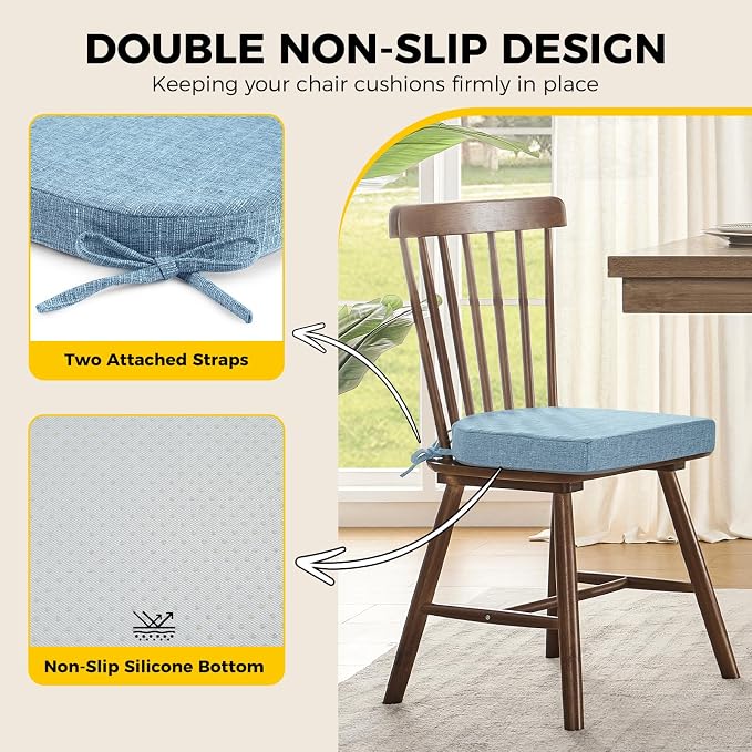 downluxe Indoor Chair Cushions for Dining Chairs, Soft and Comfortable Textured Foam Kitchen Chair Pads with Ties and Non-Slip Backing, 16" x 16" x 2", Light Blue, 2 Pack - Image 4