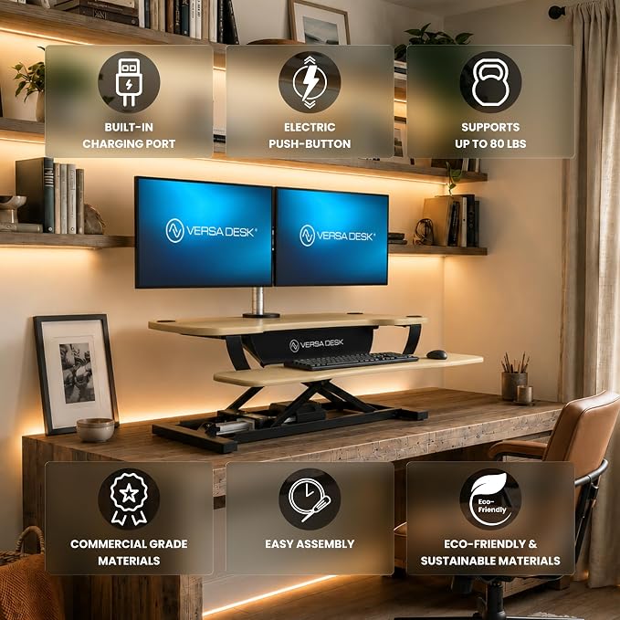 PowerPro 48 Inch Electric Standing Desk Converter – Push-Button Height Adjustable Sit to Stand Desk Riser for Multiple Monitors – Motorized Desktop Workstation with Wide Keyboard Tray - Image 3