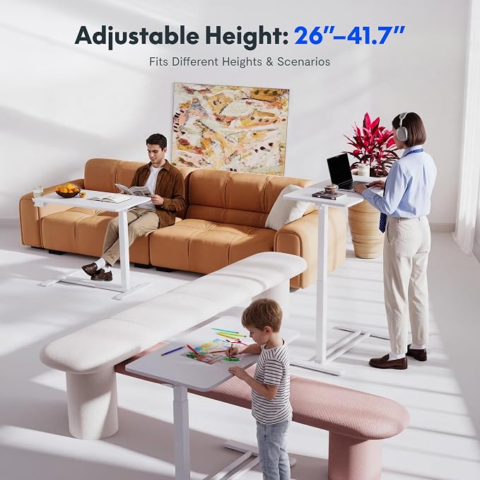 FLEXISPOT H7 28" Pneumatic Height-Adjustable Overbed Table with Wheels | C-shaped bedside table,Medical End Table,Rolling Cart TV Tray,Laptop desk for Hospital Home office use,27.6"Wx15.7"D,White - Image 3