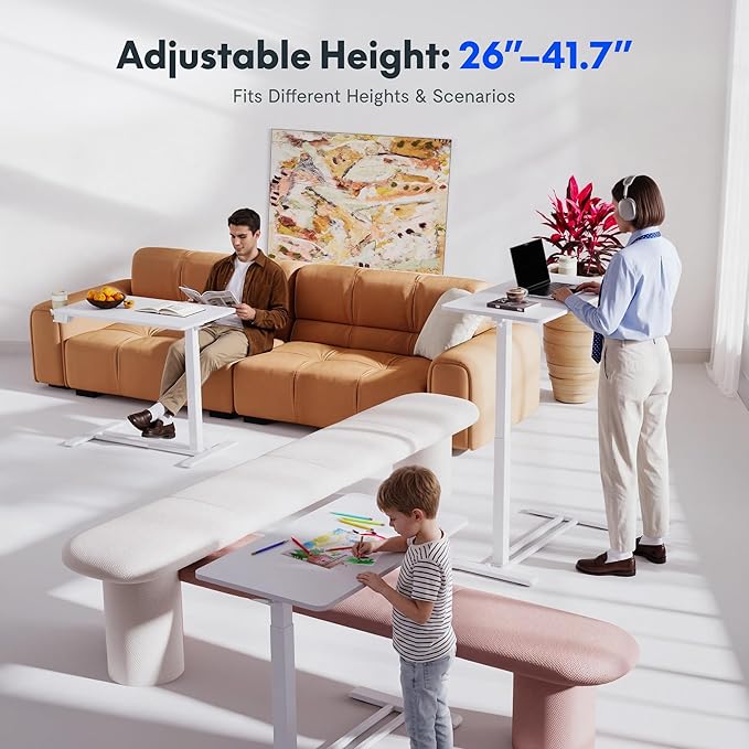 FLEXISPOT H7 28" Pneumatic Height-Adjustable Overbed Table with Wheels | C-shaped bedside table,Medical End Table,Rolling Cart TV Tray,Laptop desk for Hospital Home office use,27.6"Wx15.7"D,White - Image 6