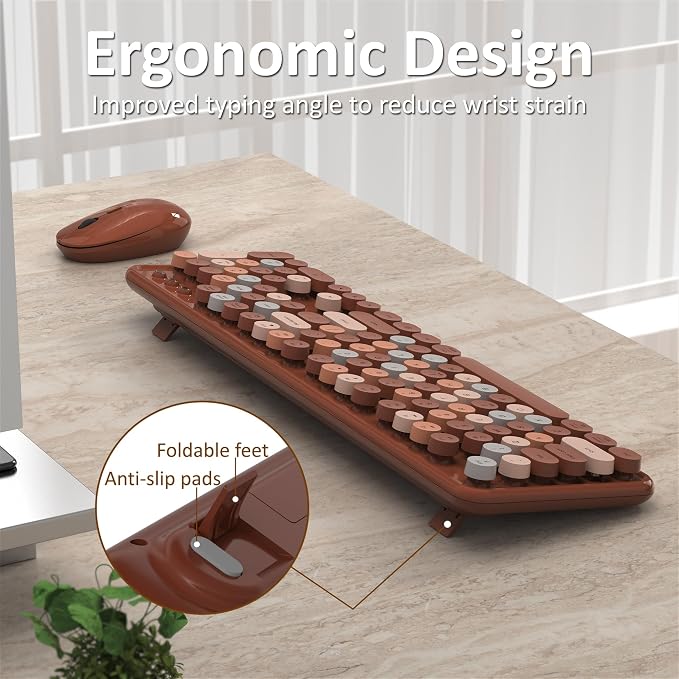 Links9+ Colorful Wireless Keyboard and Mouse Combo (Coffee Colorful) | Full-Size Retro Typewriter Style Keyboard with Vintage Round Keycaps, 2.4G Wireless Set for Windows, Mac, Laptop, PC, Desktop - Image 3