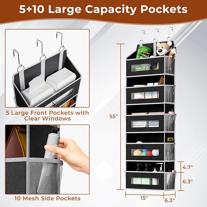 5 Tier Over the Door Organizer Space-Saving Storage for Any Room | Black Hanging Closet Organizer with 10 Mesh Pockets and Clear Windows, Closet Organizers and Storage for Bathroom, Bedroom - Image 2