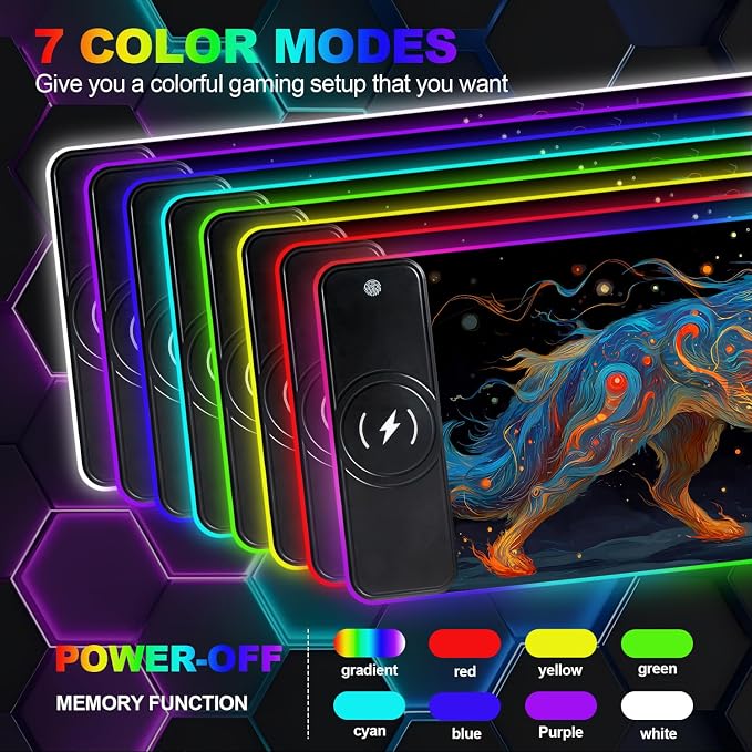 Wireless Charging RGB Gaming Mouse Pad, 31.5 x 11.8 Inch Extended Mouse Mat with Cosmic Wolf Art Design, LED Desk Pad with 7 Lighting Modes, Non-Slip Base for Gaming & Office - Image 3