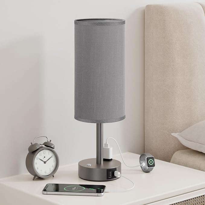 Grey Touch Bedside Lamp for Bedroom, Stepless Dimmable, USB A+C, AC Outlet | Base Touch Button Only, Memory Brightness, Ultra-dim Night Light, Included Bulb for Optimal Dimming, Grey Fabric Shade, Desk by Aooshine