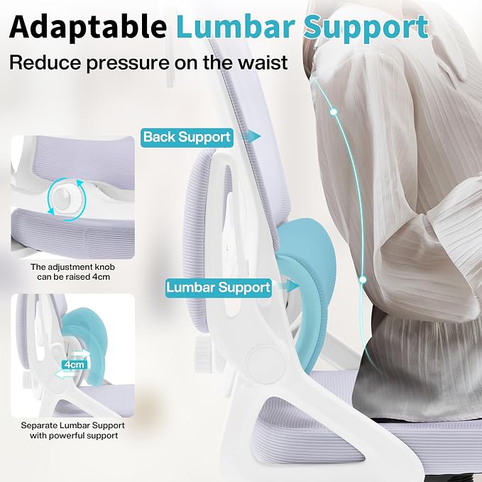 Ergonomic Office Chair,Mesh Office Chair with Lumbar Support,High Back Desk Chair with Flip-up Arms,400 lbs Big and Tall Computer Chair with Headrest,Comfy Desk Chairs (Lavender) - Image 3