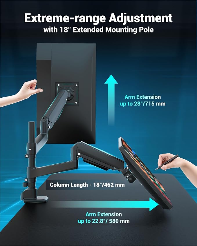 Ergounion Dual Monitor Arm for 13-49 Inch Ultrawide Screens, Heavy Duty Monitor Mount for 2 Monitors up to 44lbs, Full Motion Vertical Stacked Dual Monitor Arm Desk Mount, 75/100mm VESA Mount, Black - Image 3
