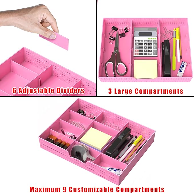 Simple Houseware Drawer Organizer Tray, 9 Adjustable Compartments, Pink | For Office, Makeup, and Craft Drawer or Desktop Storage - Image 3
