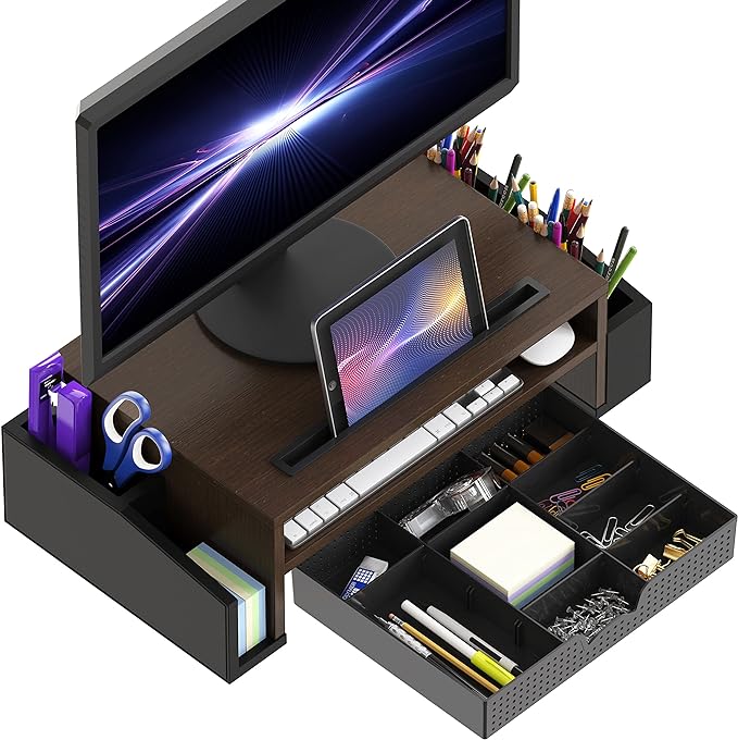 Simple Houseware Desk Monitor Stand Riser w/ Adjustable Tray, Espresso | Built-In Tablet Slot and Side Storage - Image 2