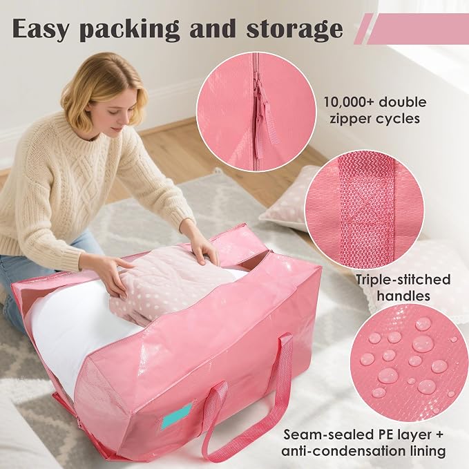 6 Pack Moving Bags with Full-Open Side Zipper, Extra Large 93L Heavy Duty Waterproof Foldable Storage Totes for College Dorm, Moving & Home Organization Pink - Image 3